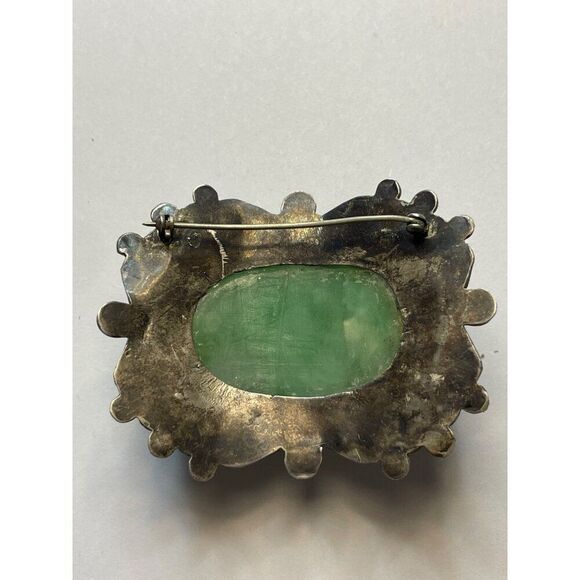 Vintage Silver Carved Green Stone Face Mask Brooch Pin - Picture 7 of 13